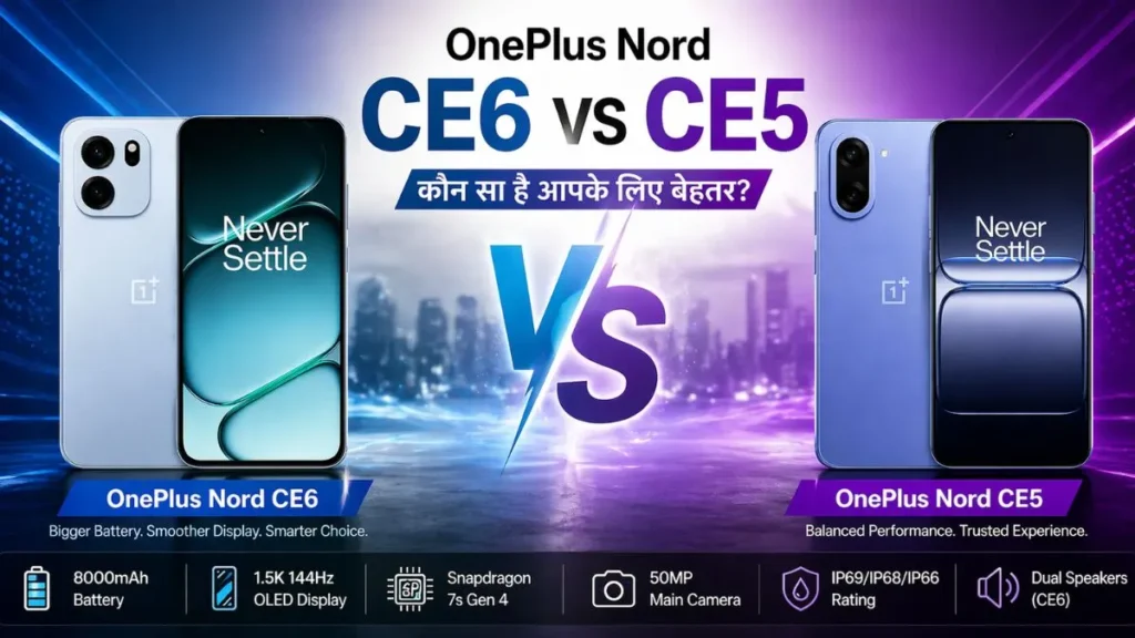 OnePlus Nord CE6 price in India (expected), Nord CE6 camera review, OnePlus Nord CE6 specs, Nord CE6 vs CE5 comparison in Hindi, OnePlus Nord CE6 battery 8000mAh, OnePlus Nord CE6 vs CE5