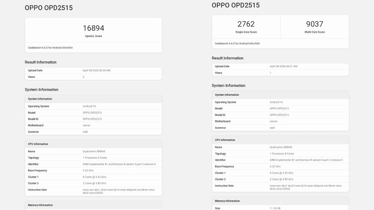 Oppo Pad Mini Geekbench लिस्टिंग